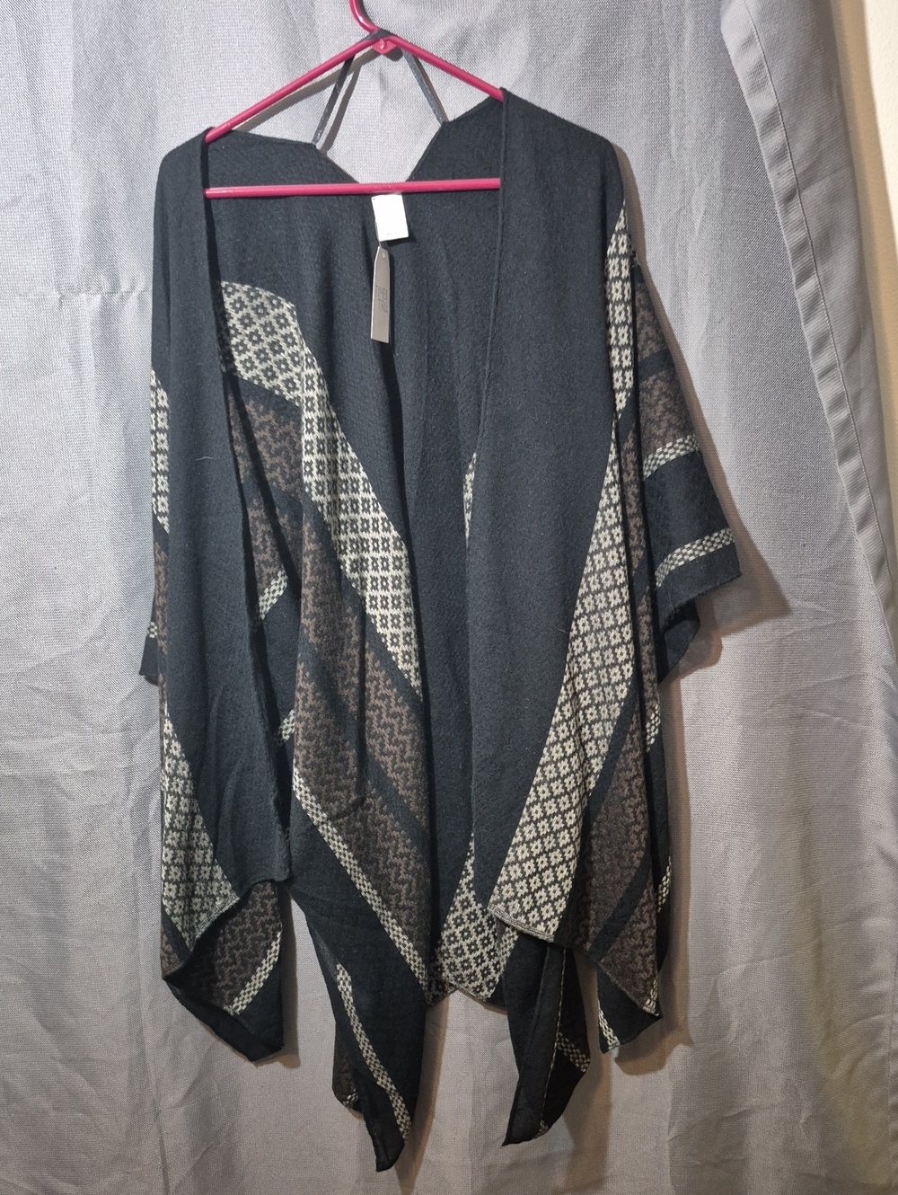 Black Open-Front Ruana with Brown & Cream Geometric Panels